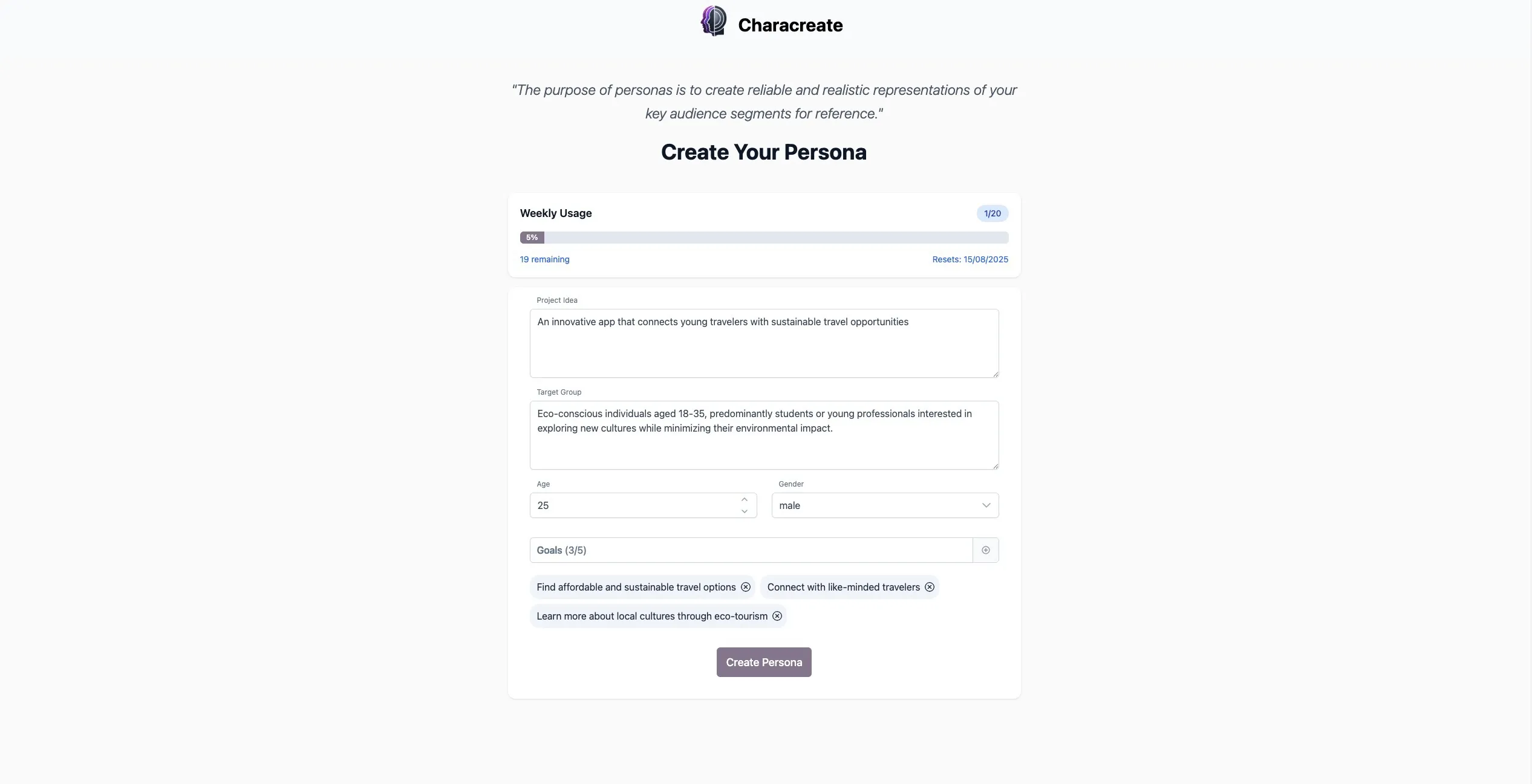 Screenshot of Characreate webpage featuring a form for creating a persona. Input fields include project idea, target group, age, gender, and goals.
