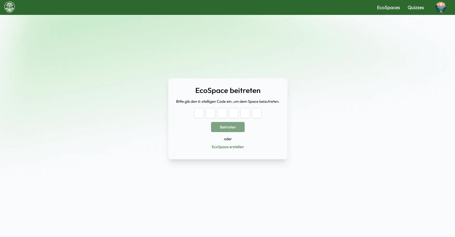 The landing page of the sustAInableEducation app, showing a dialog box to join an 'EcoSpace' by entering a 6-digit code.