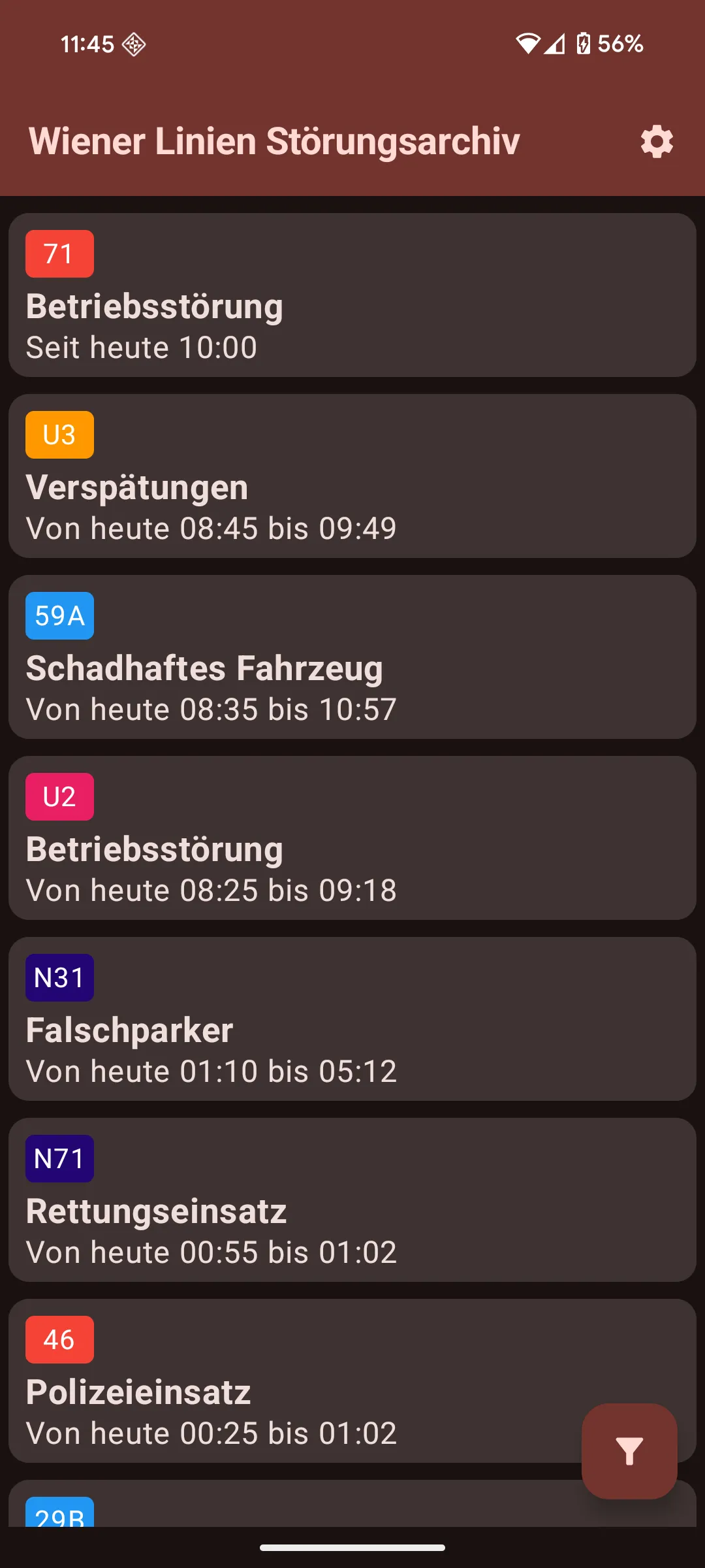 The main disruption feed of the WLS Android app, showing a list of current and recent service disruptions across various Wiener Linien lines including trams, buses, and U-Bahn.