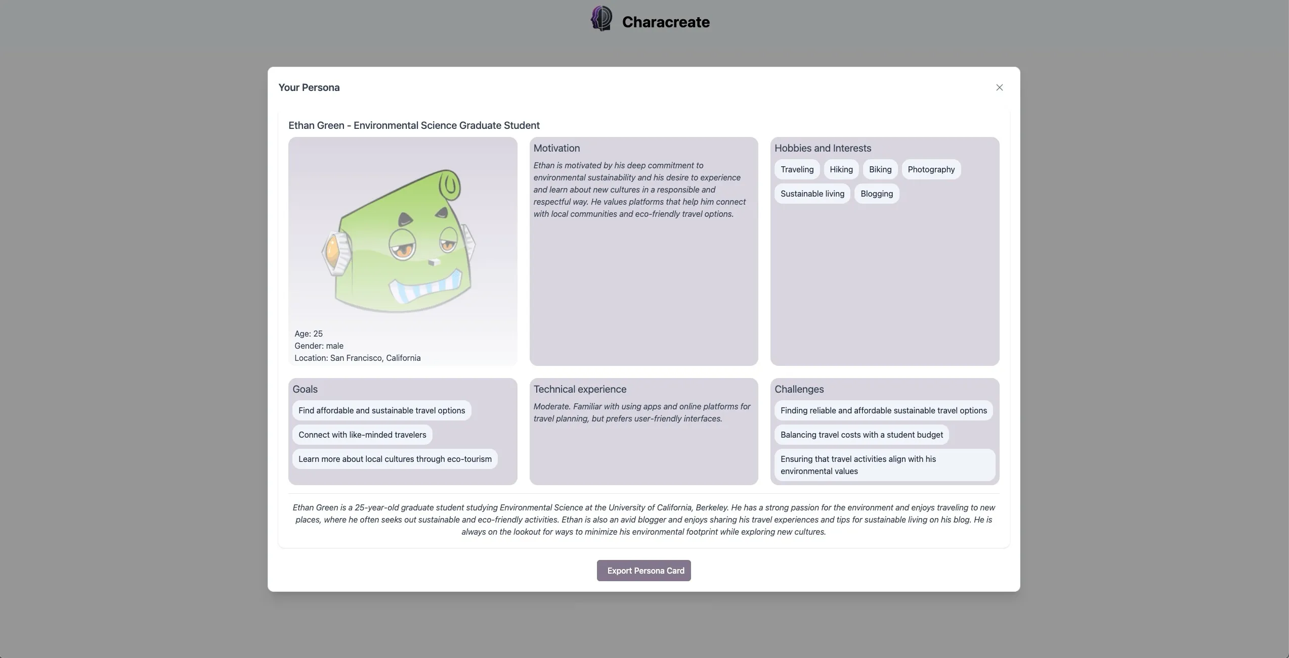 A user persona card for Ethan Green, a 25-year-old environmental science graduate student. It includes his goals, motivations, hobbies, experience, and challenges.