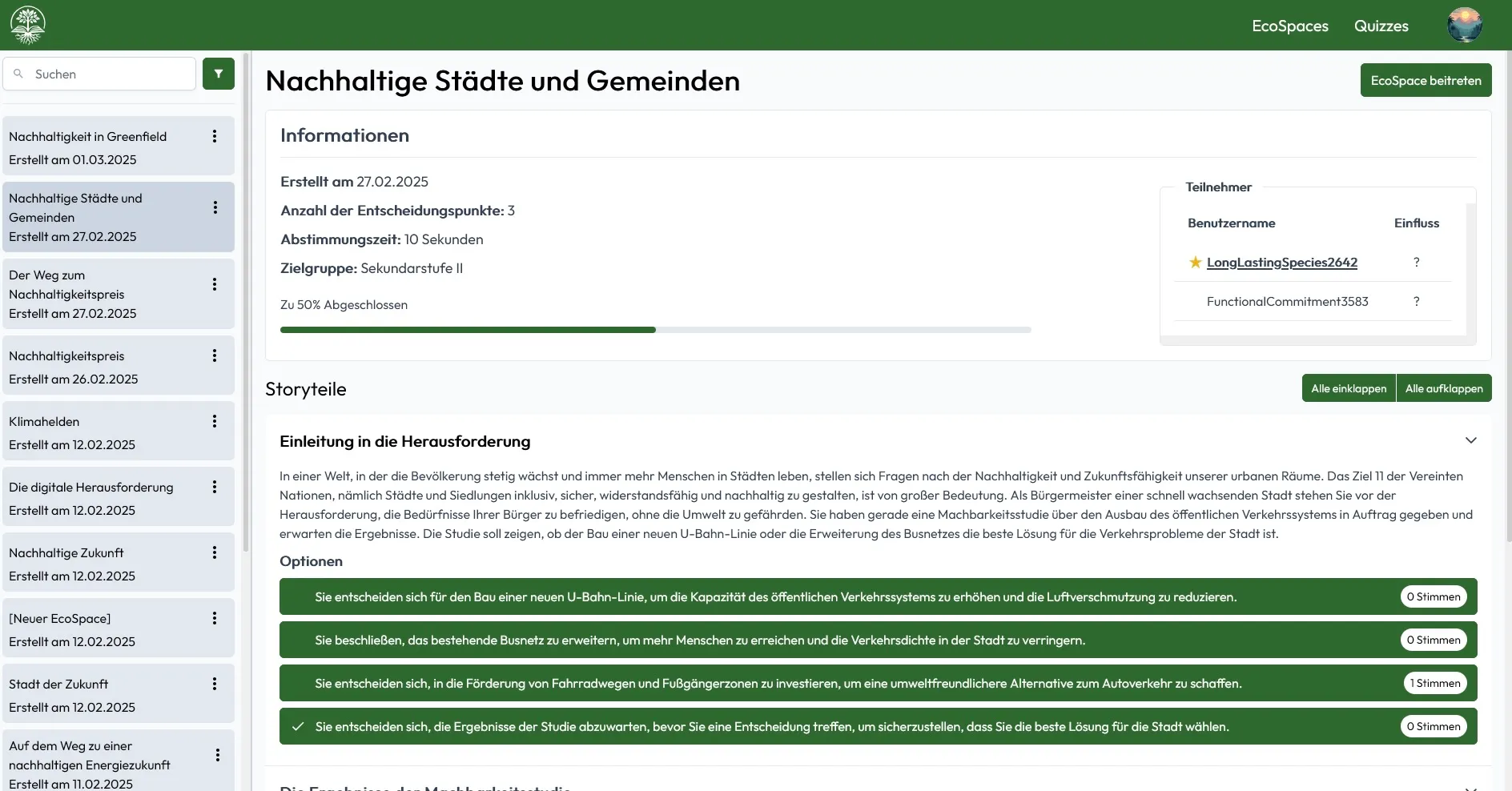 The detailed overview of a EcoSpace titled 'Nachhaltige Städte und Gemeinden', showing story parts, options, and participants.