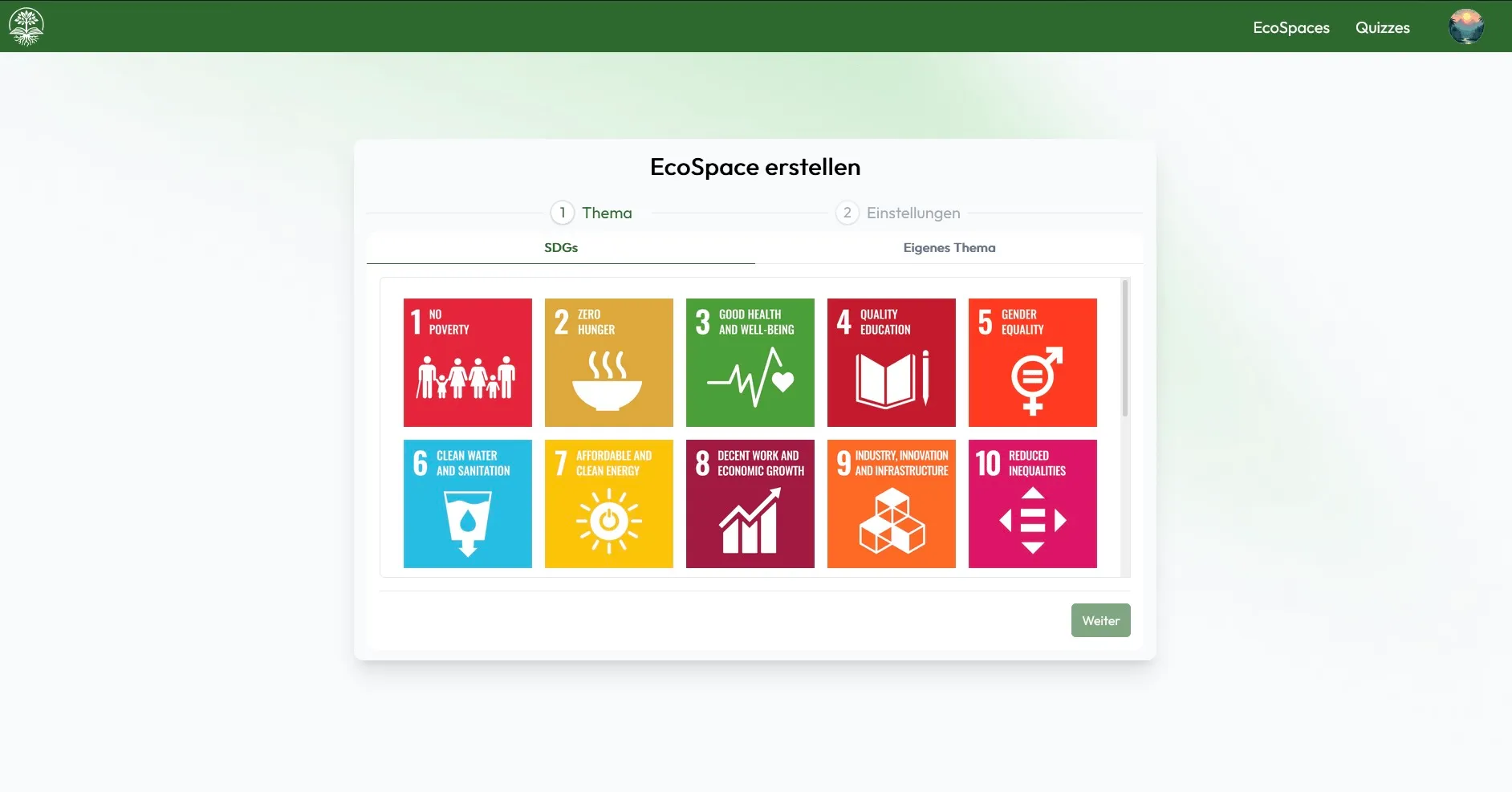 The EcoSpace creation screen where a user can select a theme based on the Sustainable Development Goals (SDGs).