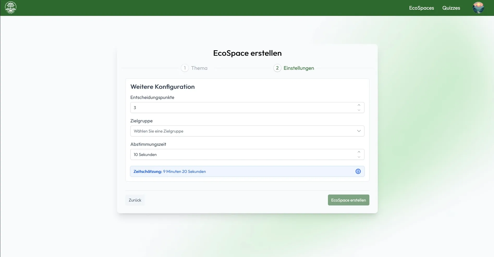 The configuration settings for creating a new EcoSpace, including fields for decision points, target group, and voting time.