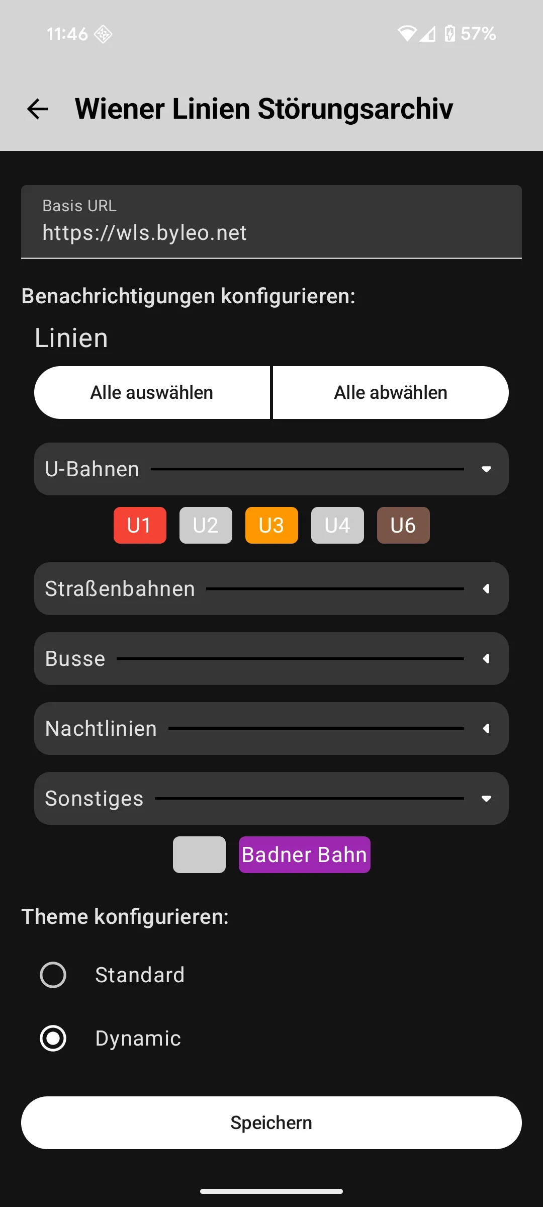 The settings screen where users can configure the base API URL, select lines for push notifications, and choose between Standard and Dynamic app themes.