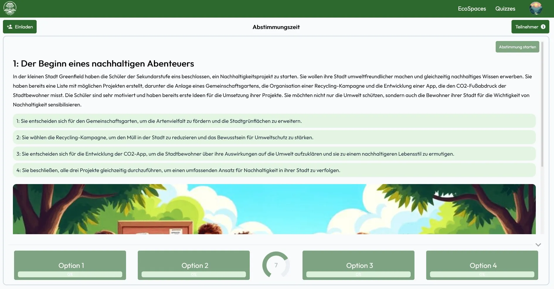 An interactive story part within an EcoSpace, showing the beginning of a narrative and four decision options for the user.