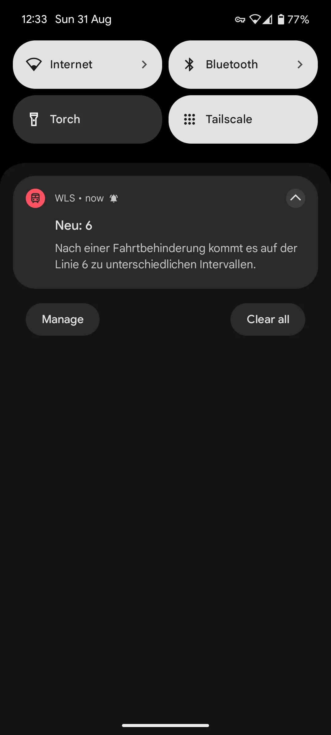 An Android push notification from the WLS app announcing a new disruption on line 6, with a short description of irregular intervals.