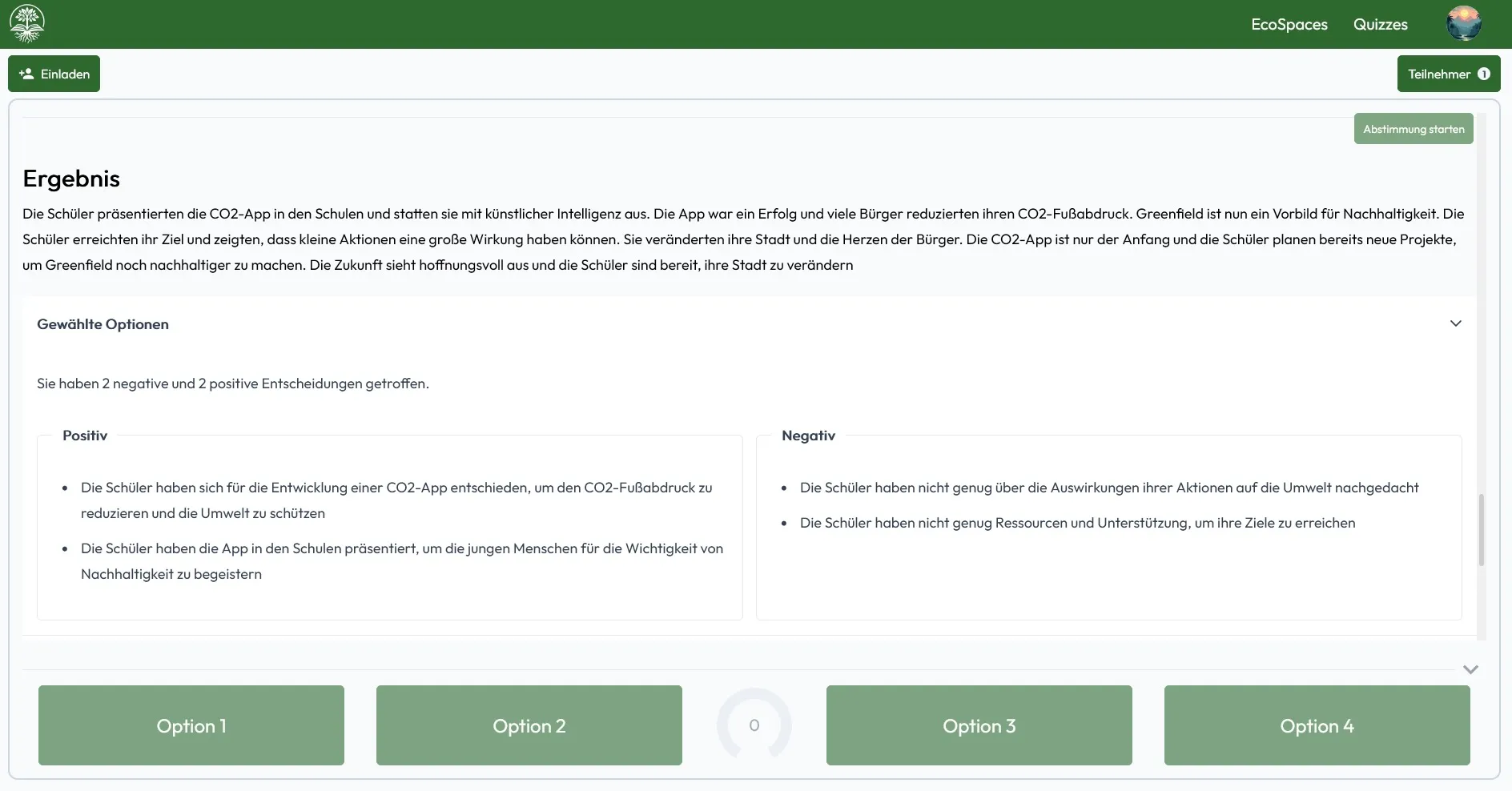 The results screen of an EcoSpace, summarizing the story's outcome and listing the positive and negative choices made.