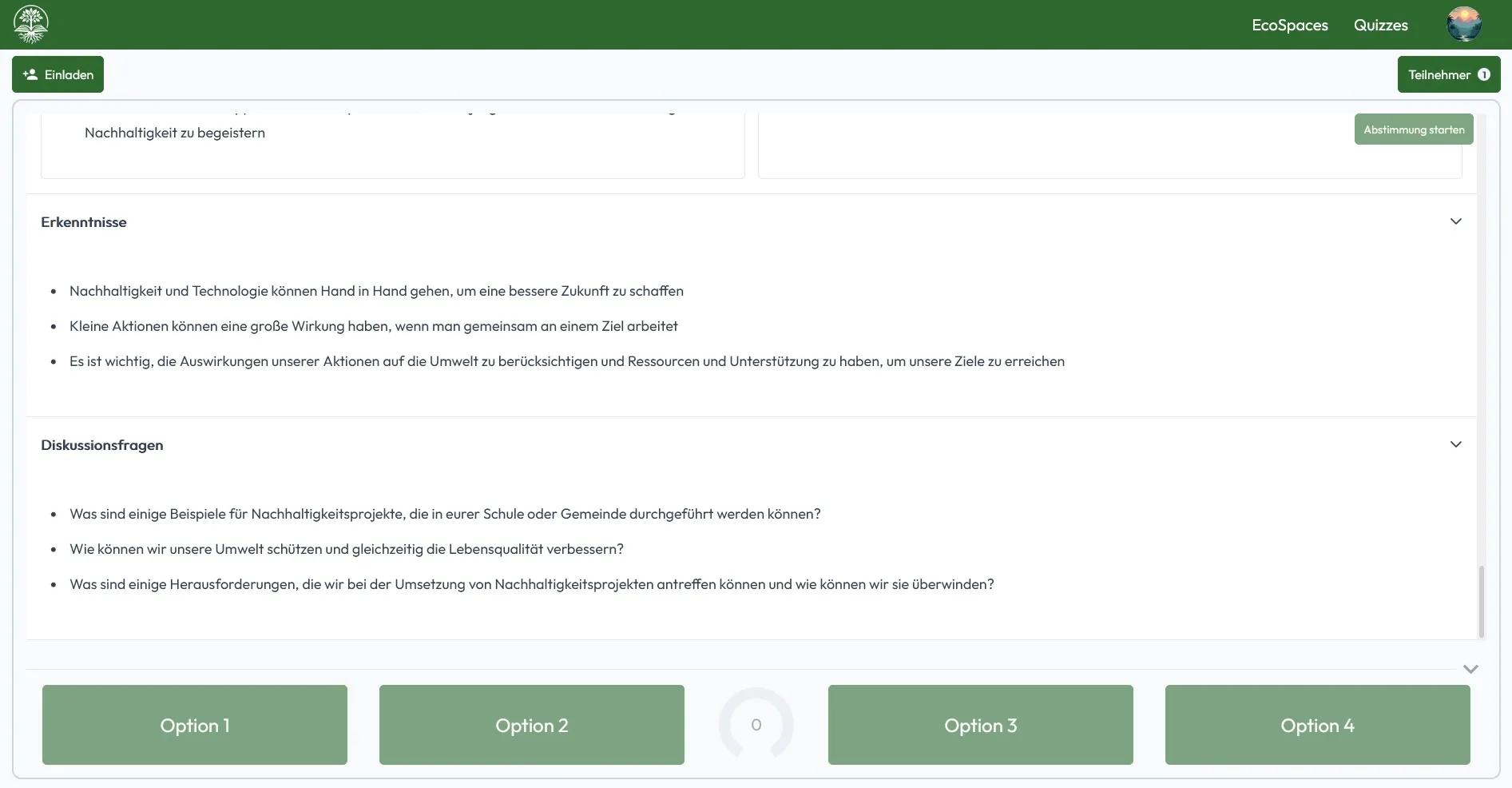 The 'Learnings' and 'Discussion Questions' section of the EcoSpace results, designed to encourage reflection.