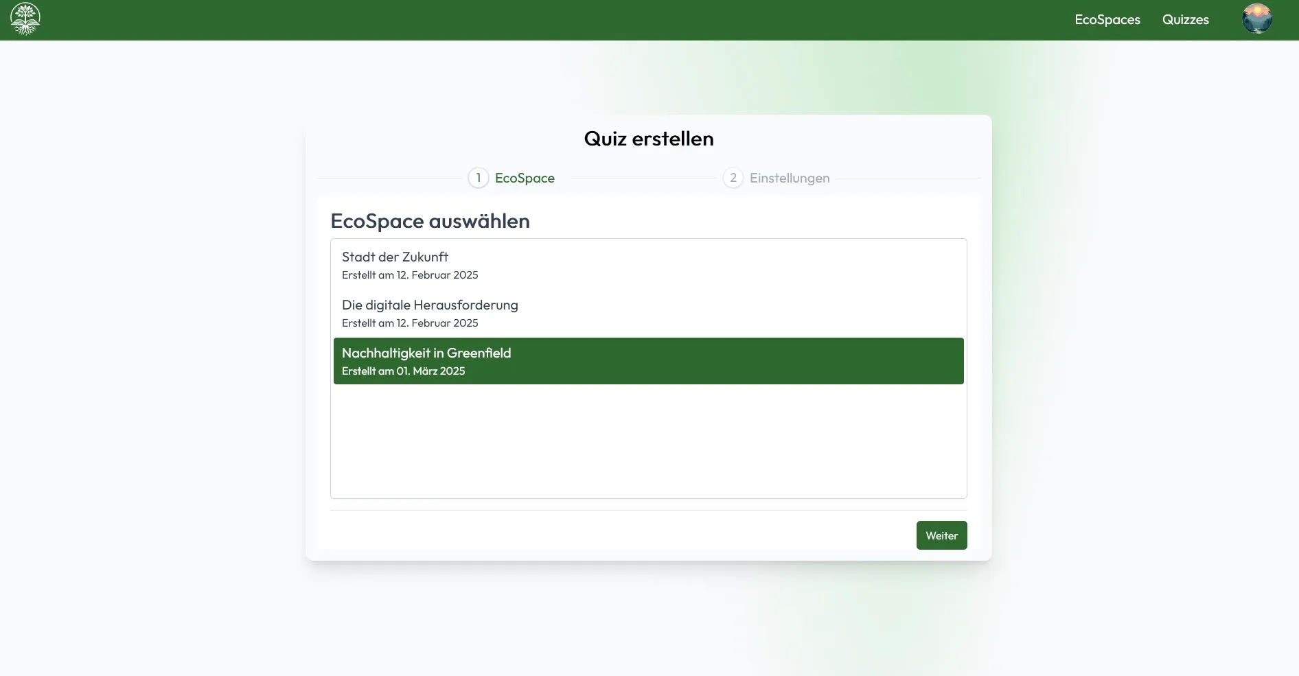 The first step of the quiz creation process, where the user selects a completed EcoSpace to base the quiz on.