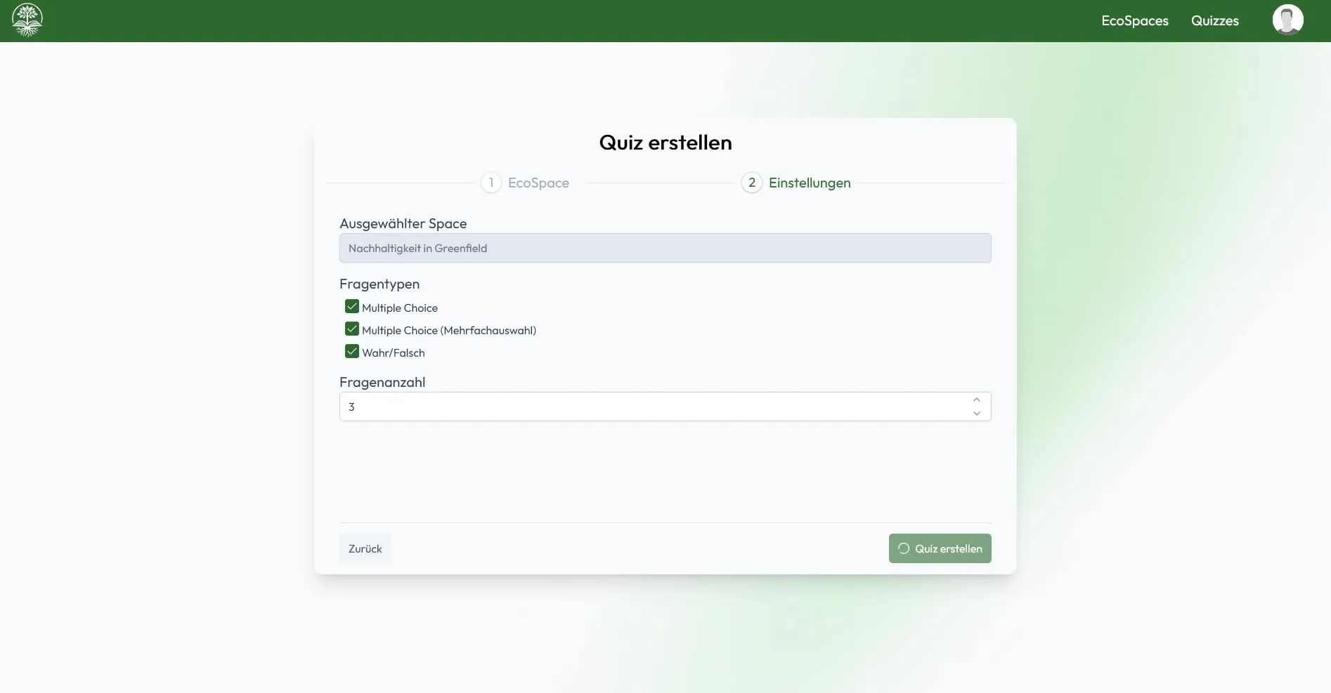 The second step of quiz creation, showing settings for question types and the total number of questions.