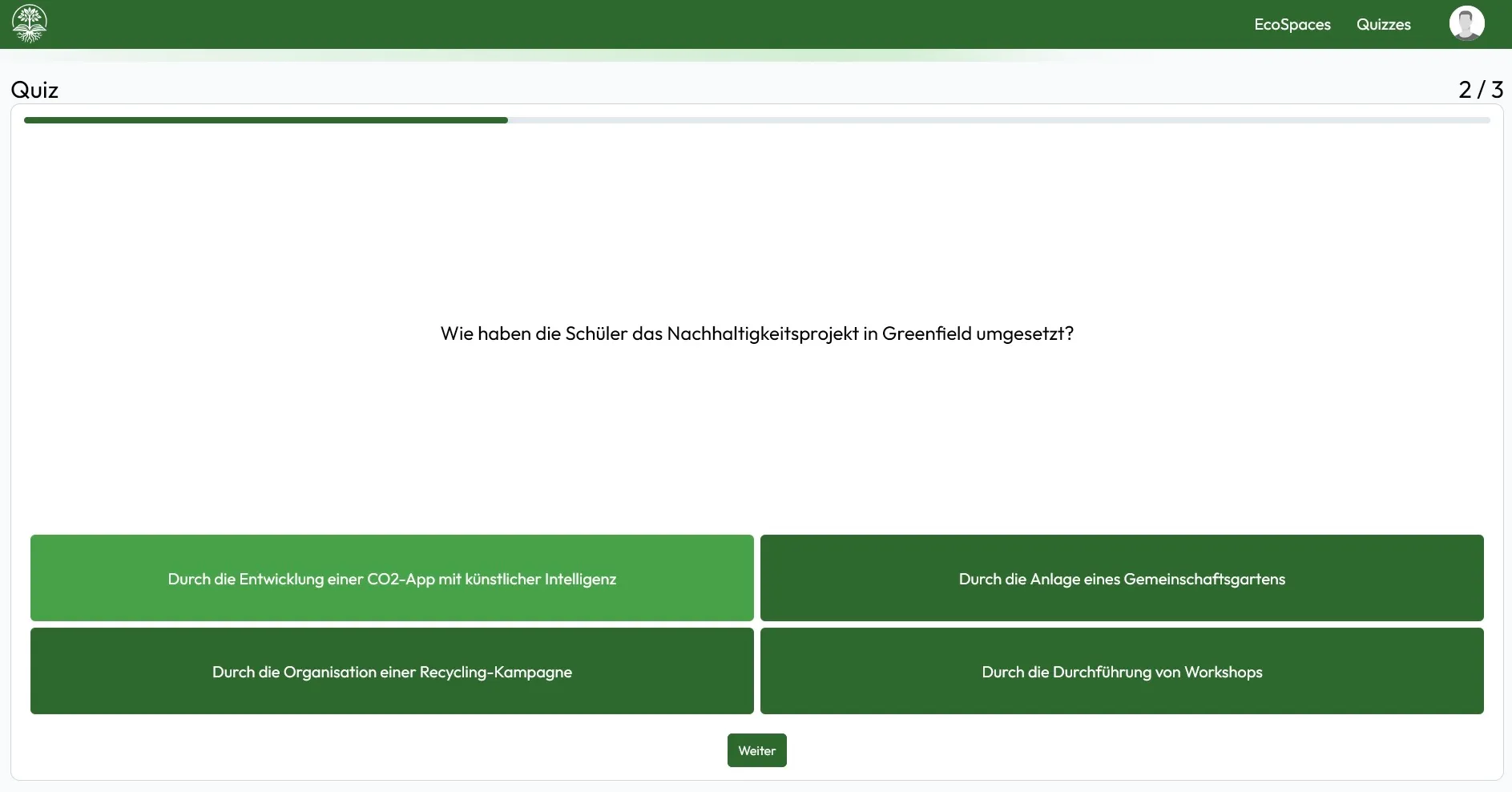 A quiz question screen from the sustAInableEducation app, asking how students implemented a sustainability project, with four multiple-choice options.