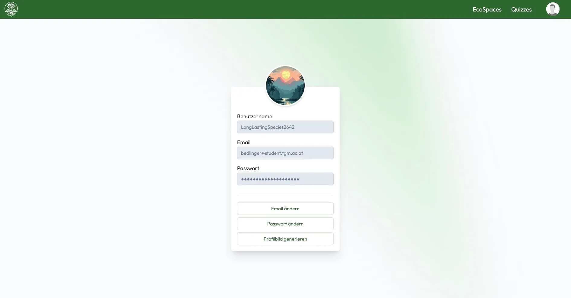 The user account page in the sustAInableEducation app, displaying the profile picture, username, email, and options to change password or generate a new profile picture.